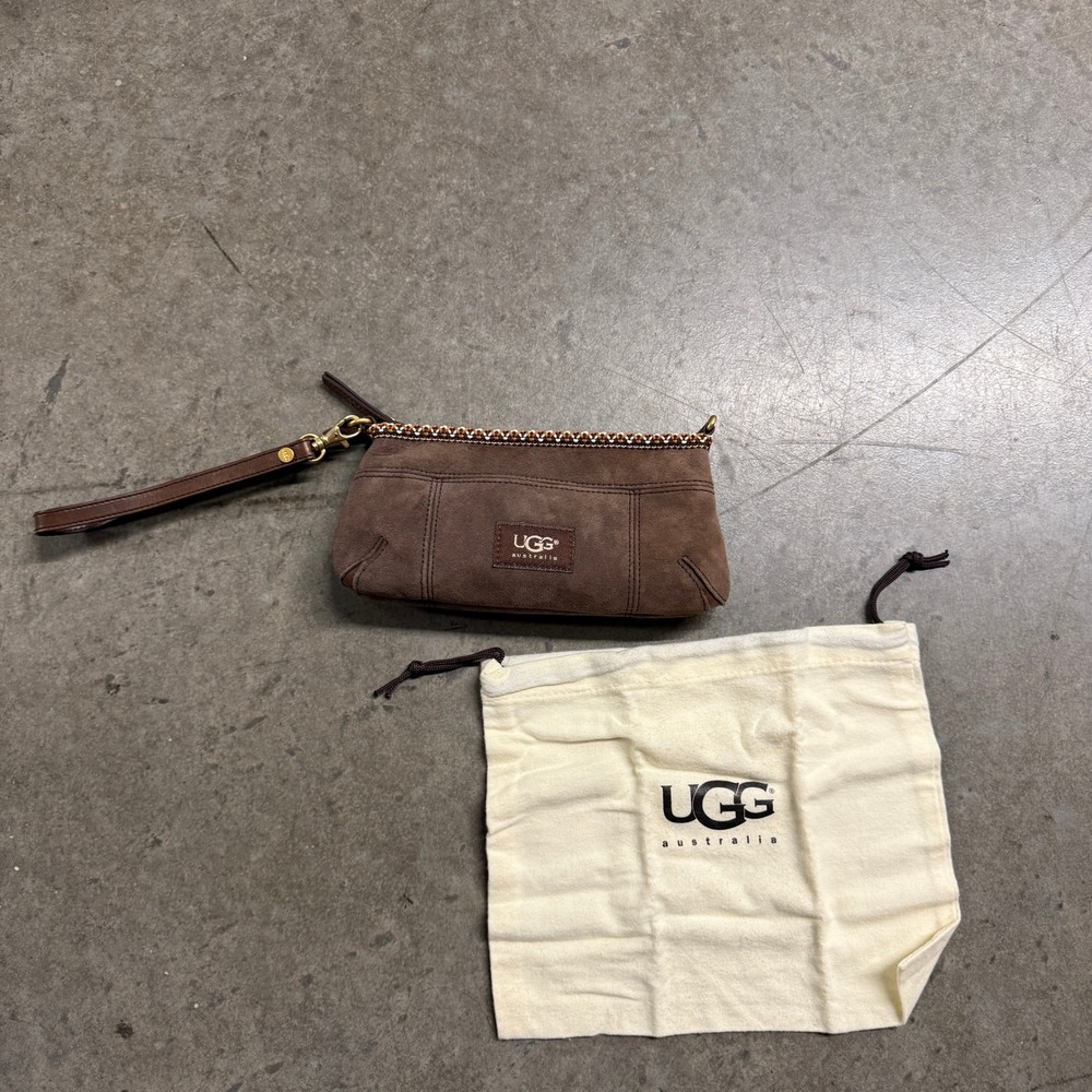 UGG Australia Brown Suede Shearling Lined Wristlet Clutch with Tasman Braid Trim